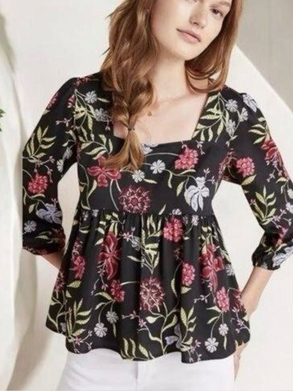 dolan by Anthropologie Black Floral Peasant Tunic with Pink & Green Accents
